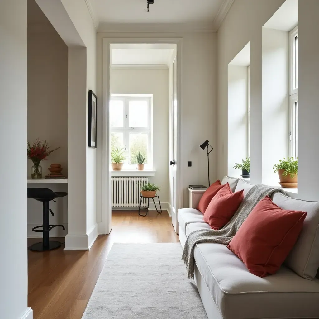 a photo of a modern corridor with throw pillows that add a pop of color