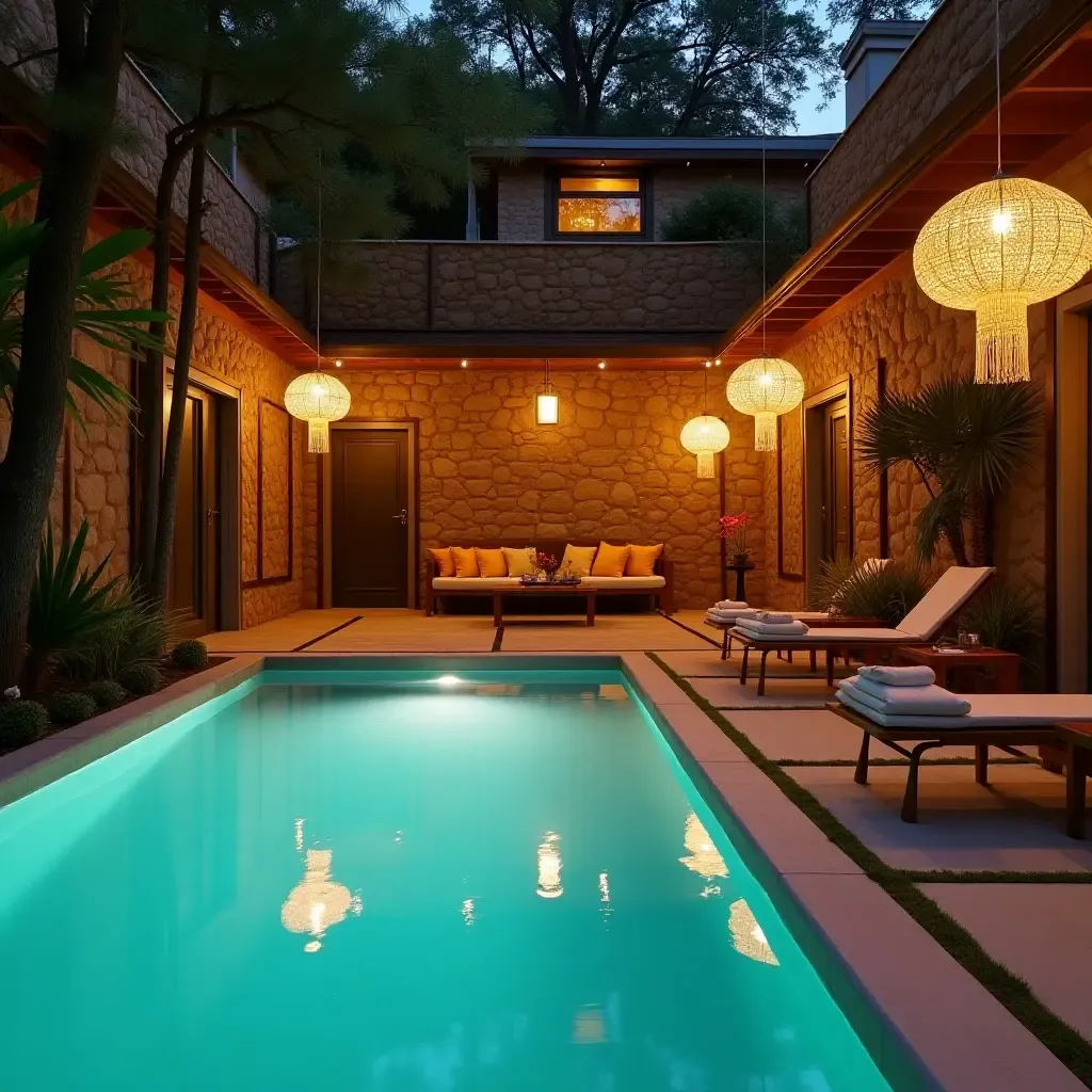 a photo of a bohemian pool area with eclectic pendant lighting