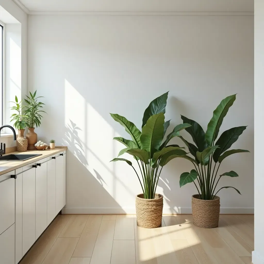 a photo of a kitchen with a stylish plant stand