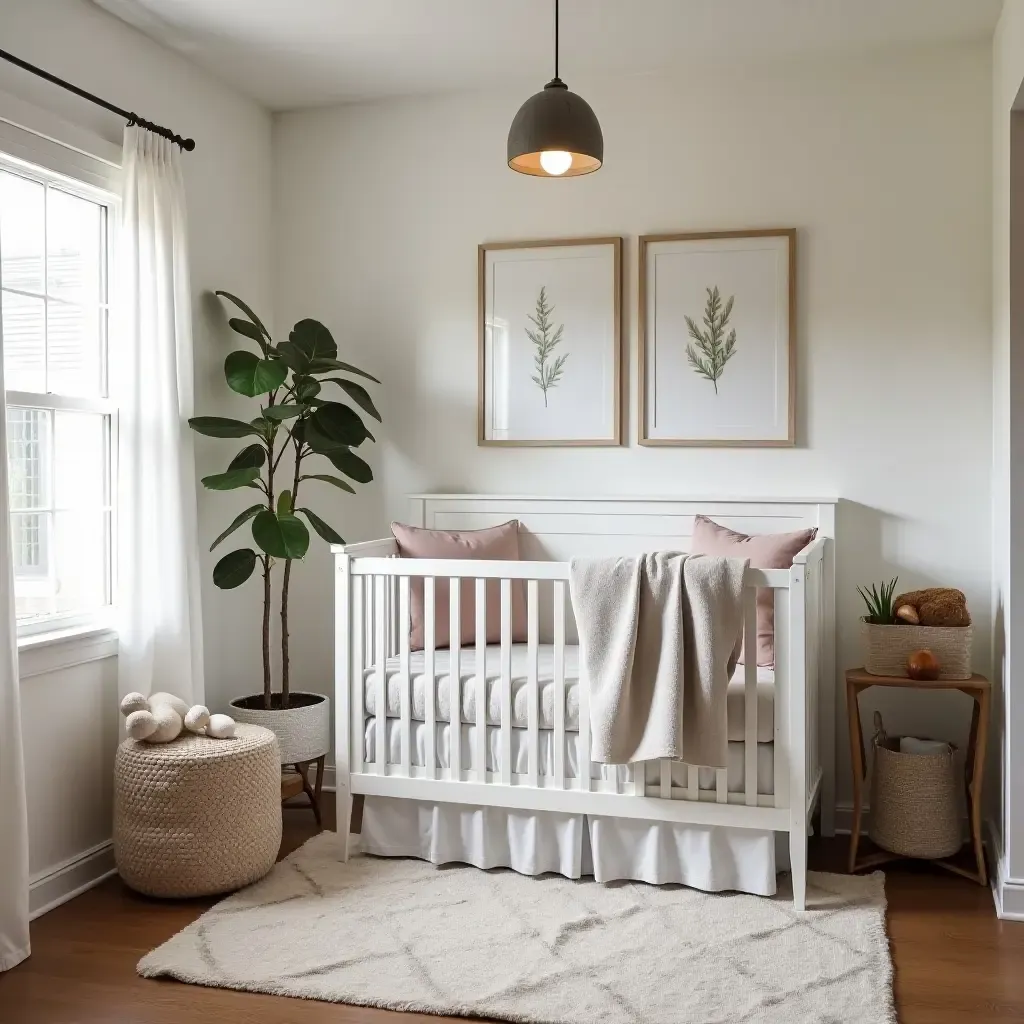 a photo of a cozy nursery with a farmhouse theme and family photo gallery