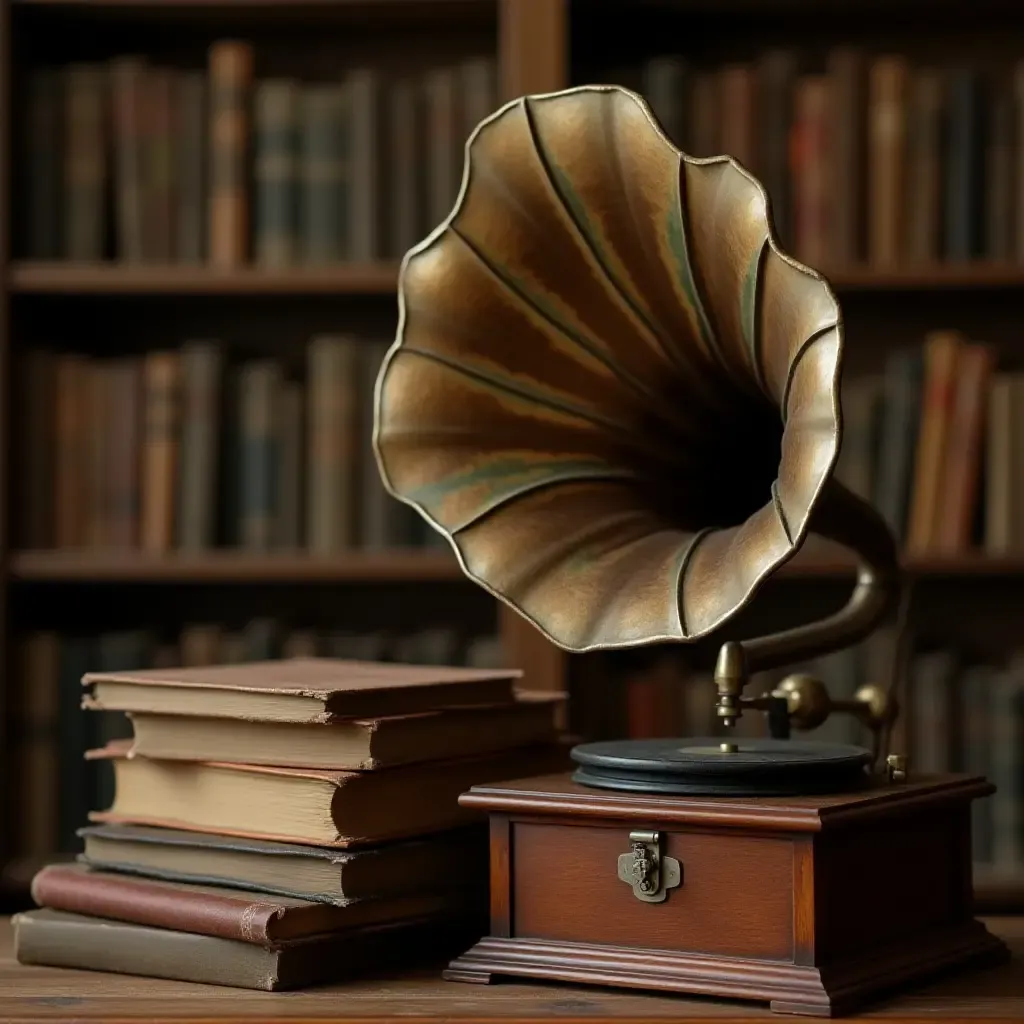 a photo of a vintage gramophone playing music amidst stacks of old books