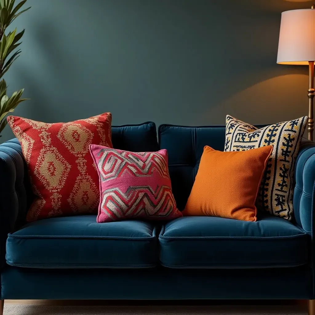 a photo of a dark velvet sofa adorned with colorful patterned pillows