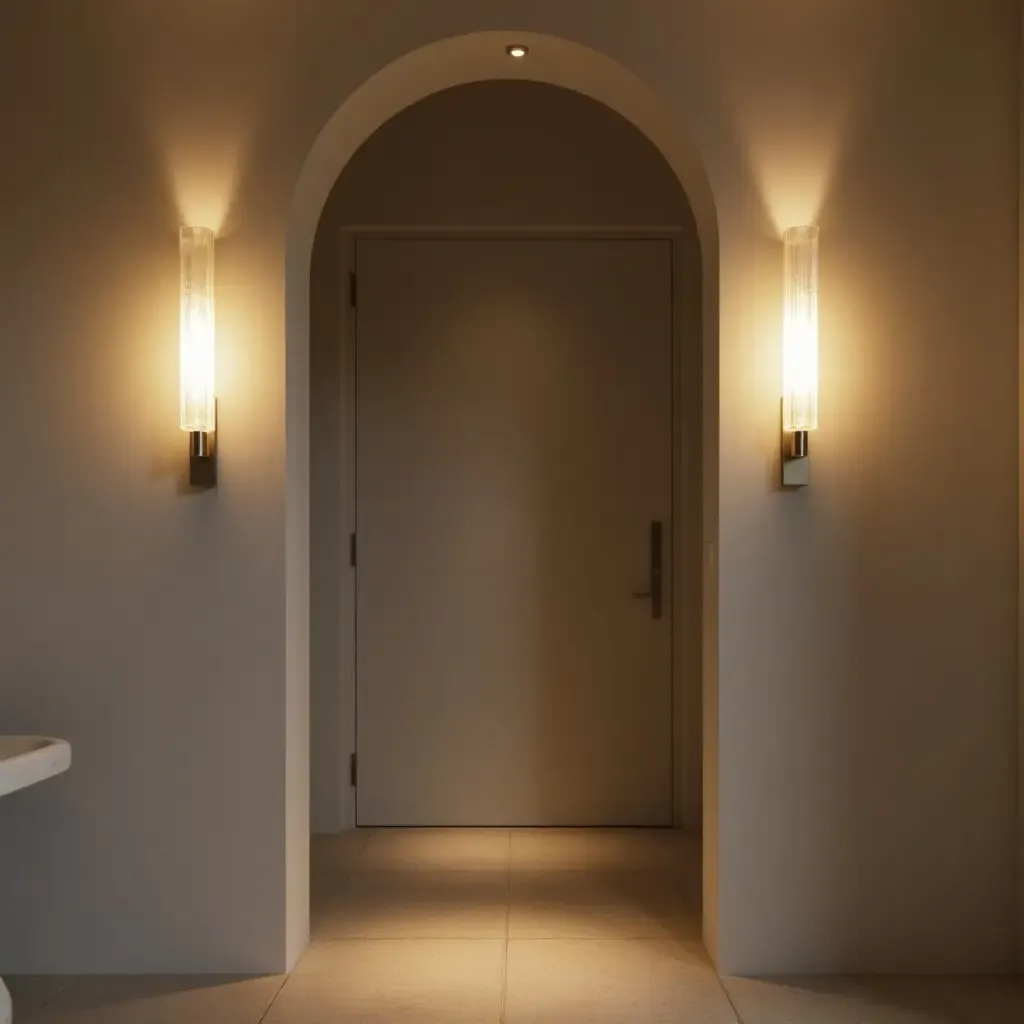 a photo of wall-mounted sconces casting warm light in a minimalist foyer