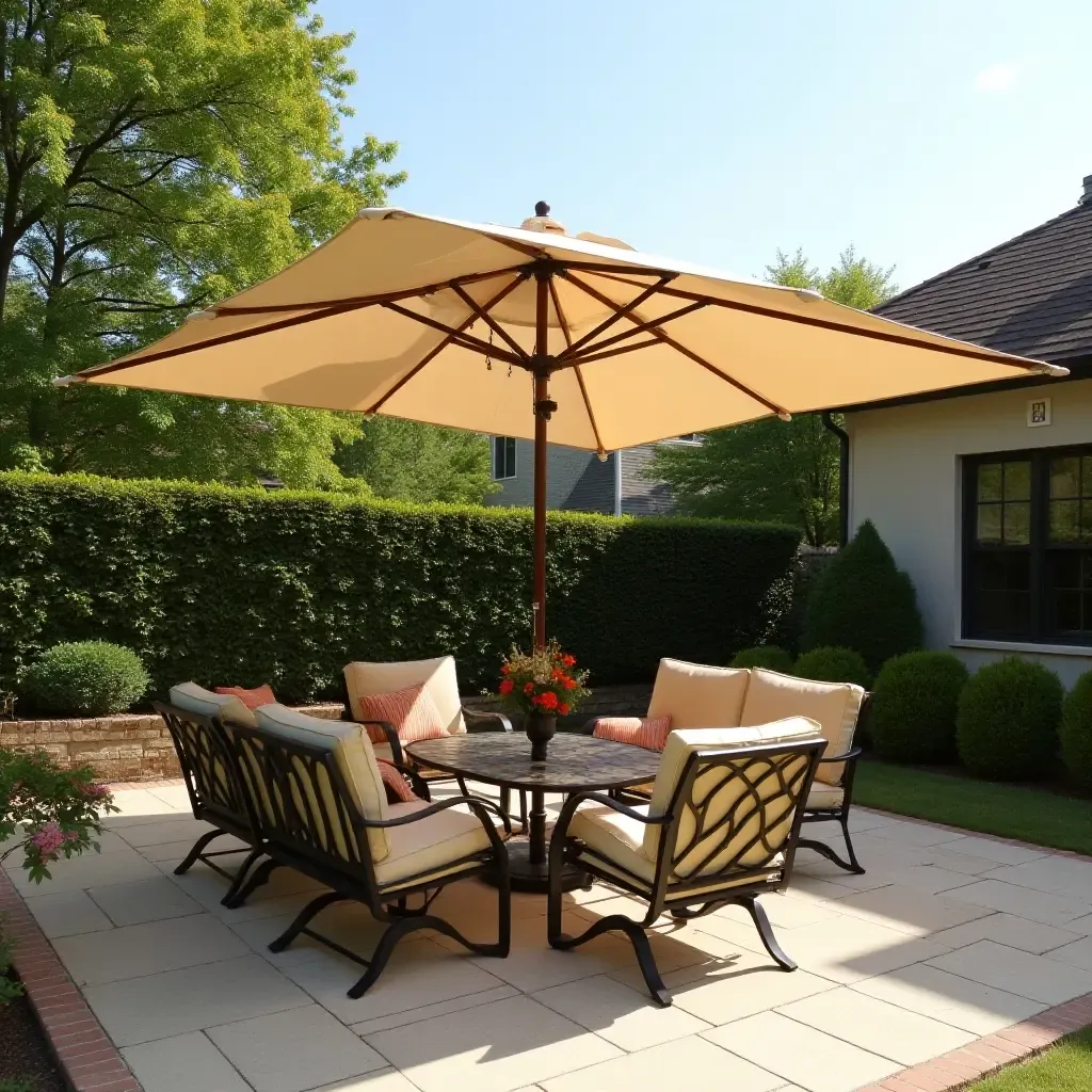 a photo of a sunshade or umbrella providing shade on a 12x12 patio