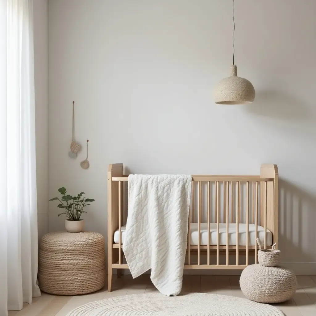 a photo of a Scandinavian nursery with a blend of textures and soft fabrics