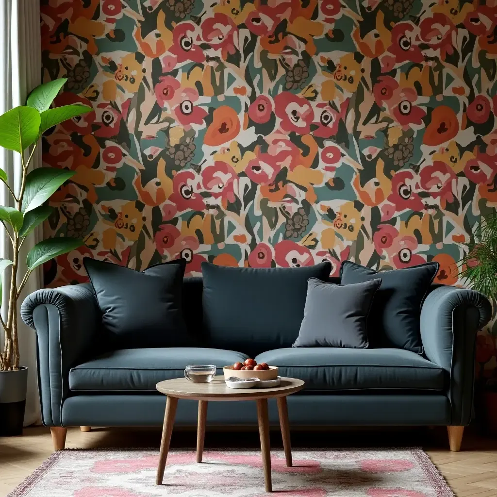 a photo of a dark grey couch set against a backdrop of bold wallpaper and decorative elements