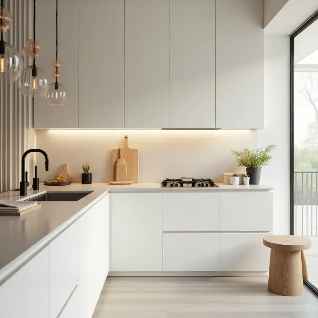 a photo of a serene kitchen with soft colors and open space for cooking