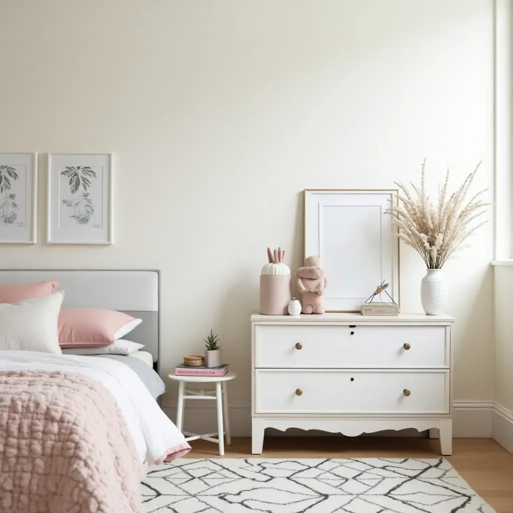 a photo of a bedroom with DIY painted furniture pieces