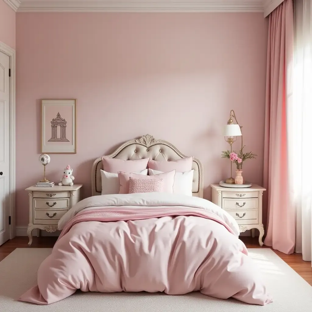 a photo of a princess-themed bedroom with elegant pastel colors and decor