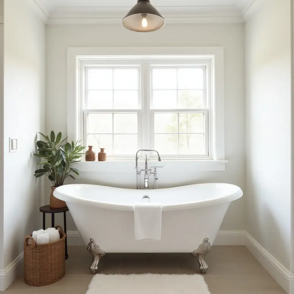 a photo of a cozy bathroom featuring a freestanding bathtub and farmhouse chic accessories