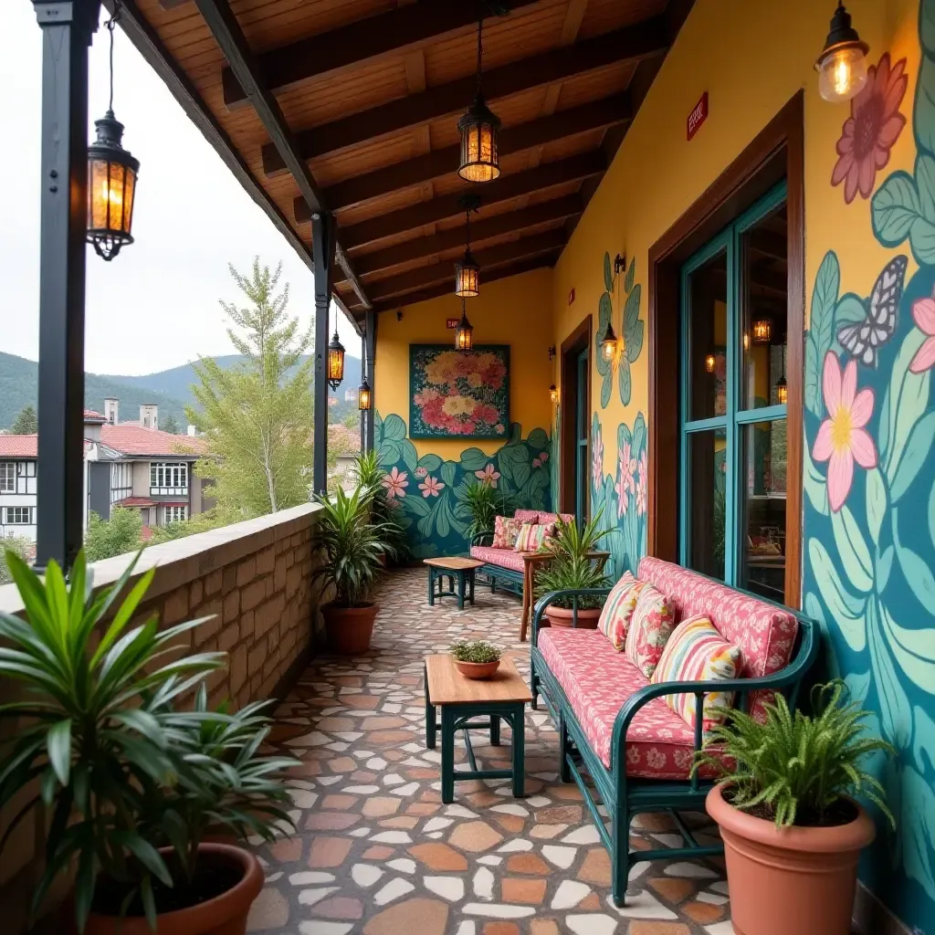 a photo of a balcony with a whimsical mural and eclectic decor