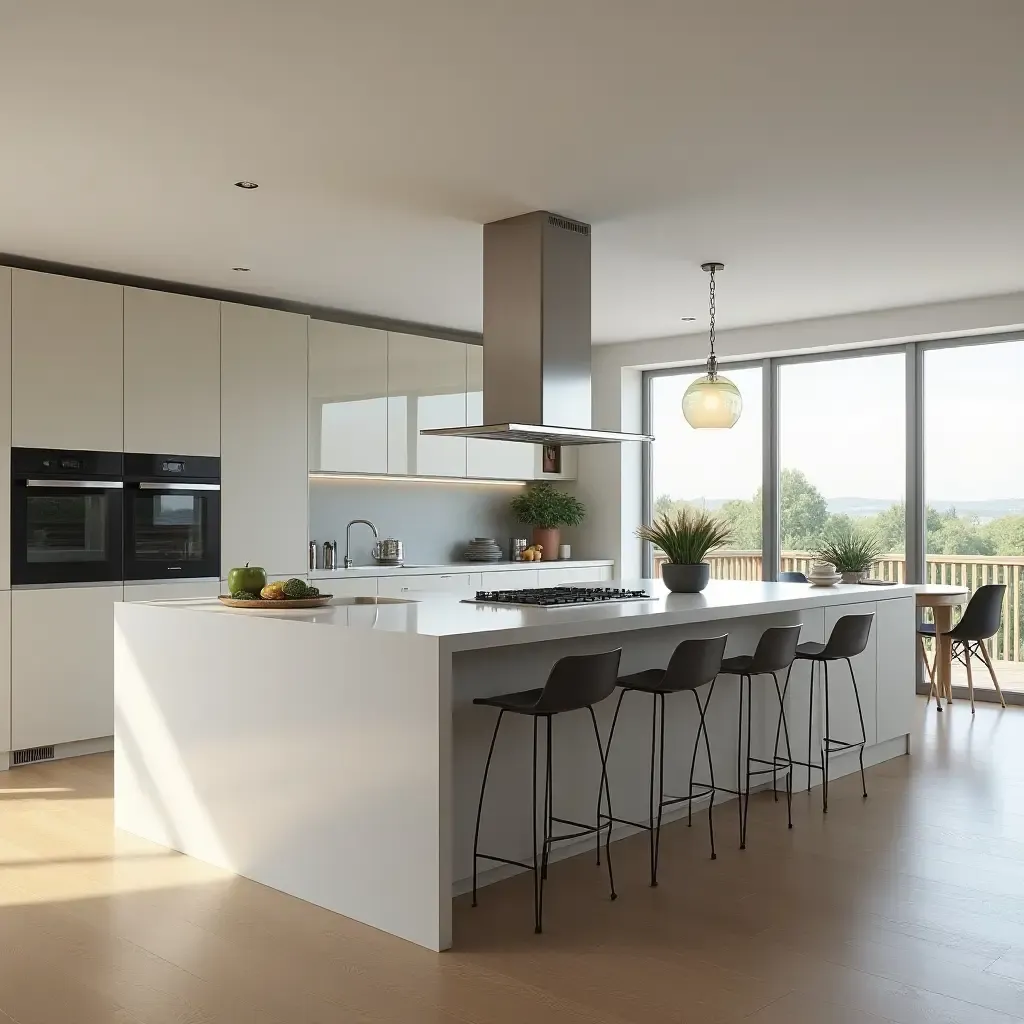 a photo of a spacious kitchen island with an integrated cooktop and seating area