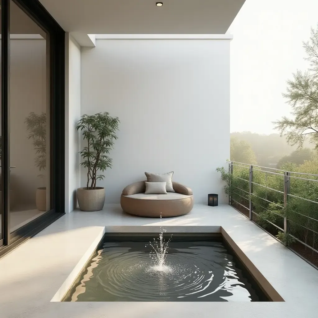 a photo of a minimalist balcony featuring a small water fountain