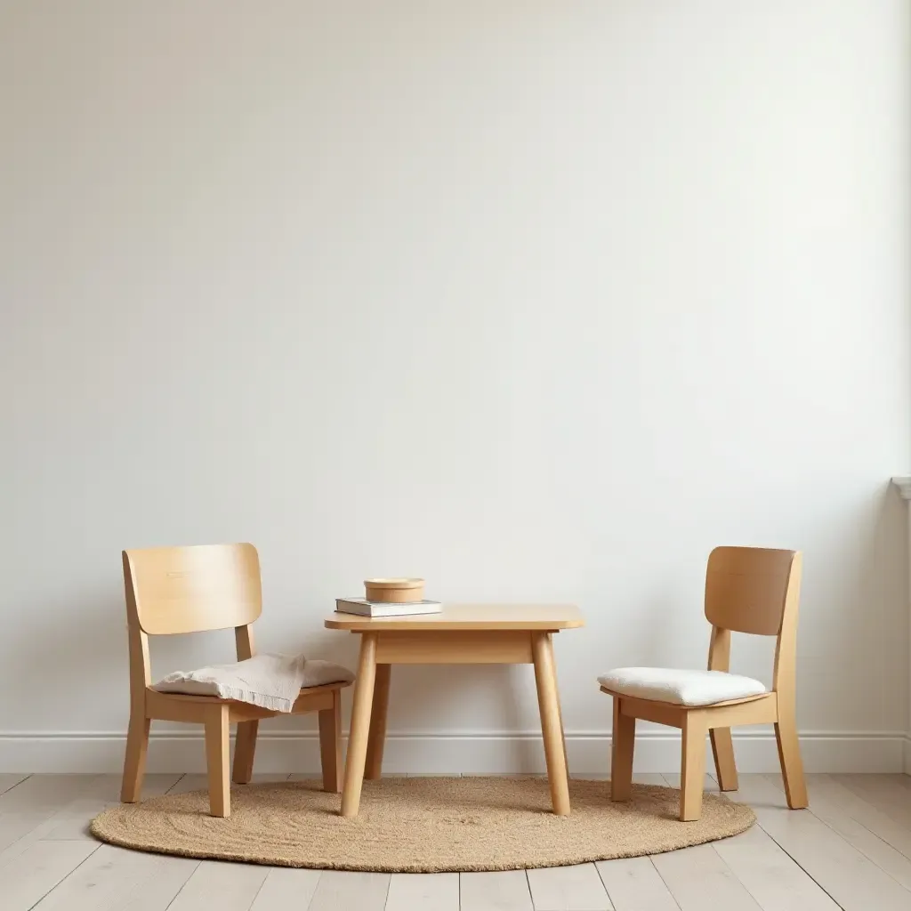 a photo of a nursery with a small table and chairs for reading time