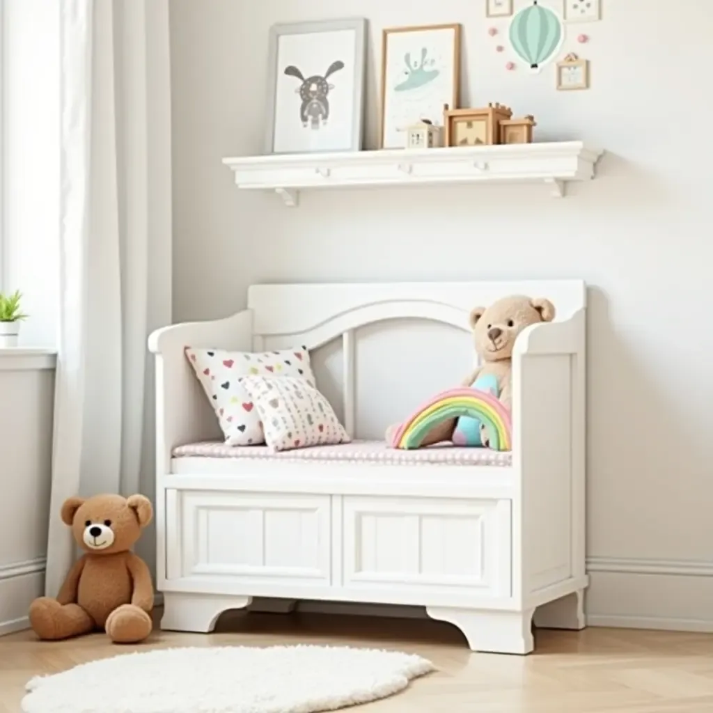 a photo of a nursery with a whimsical toy chest design