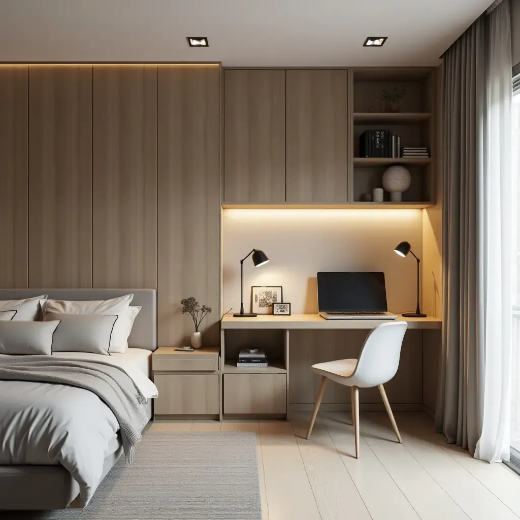 a photo of a contemporary bedroom with a floating desk and storage