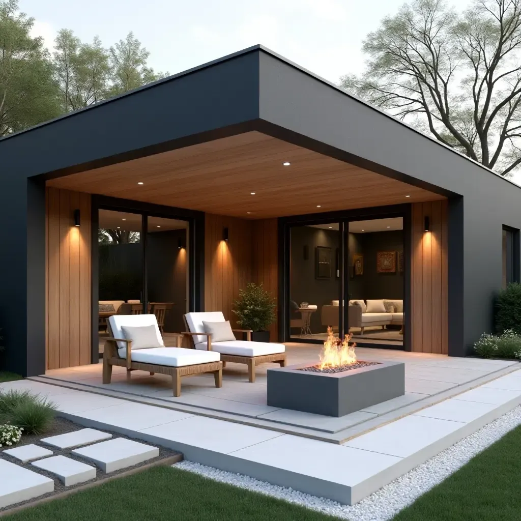 a photo of a minimalist detached covered patio with a fire pit and comfortable lounge chairs