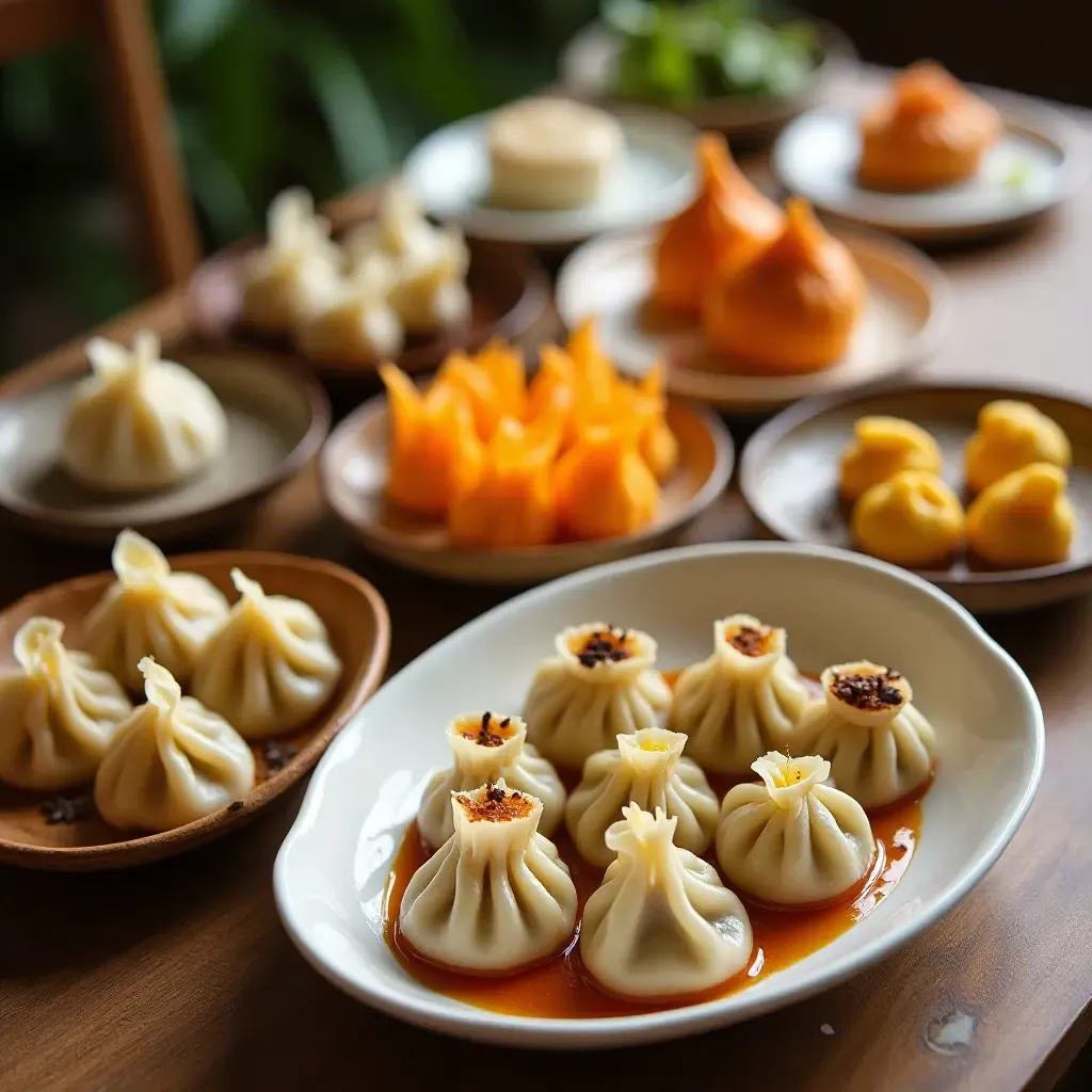 a photo of a table set with various dumpling dishes, each with distinct shapes and vibrant colors.