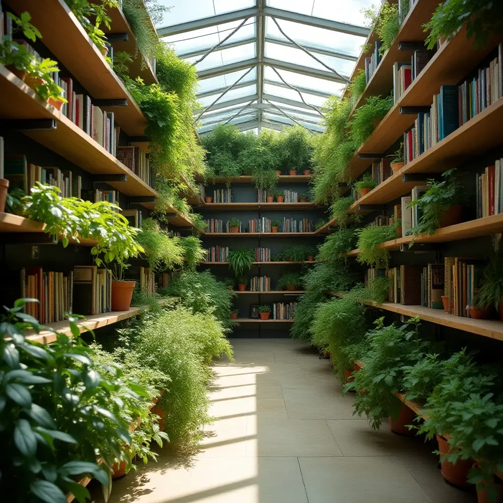 a photo of a library with an indoor herb garden