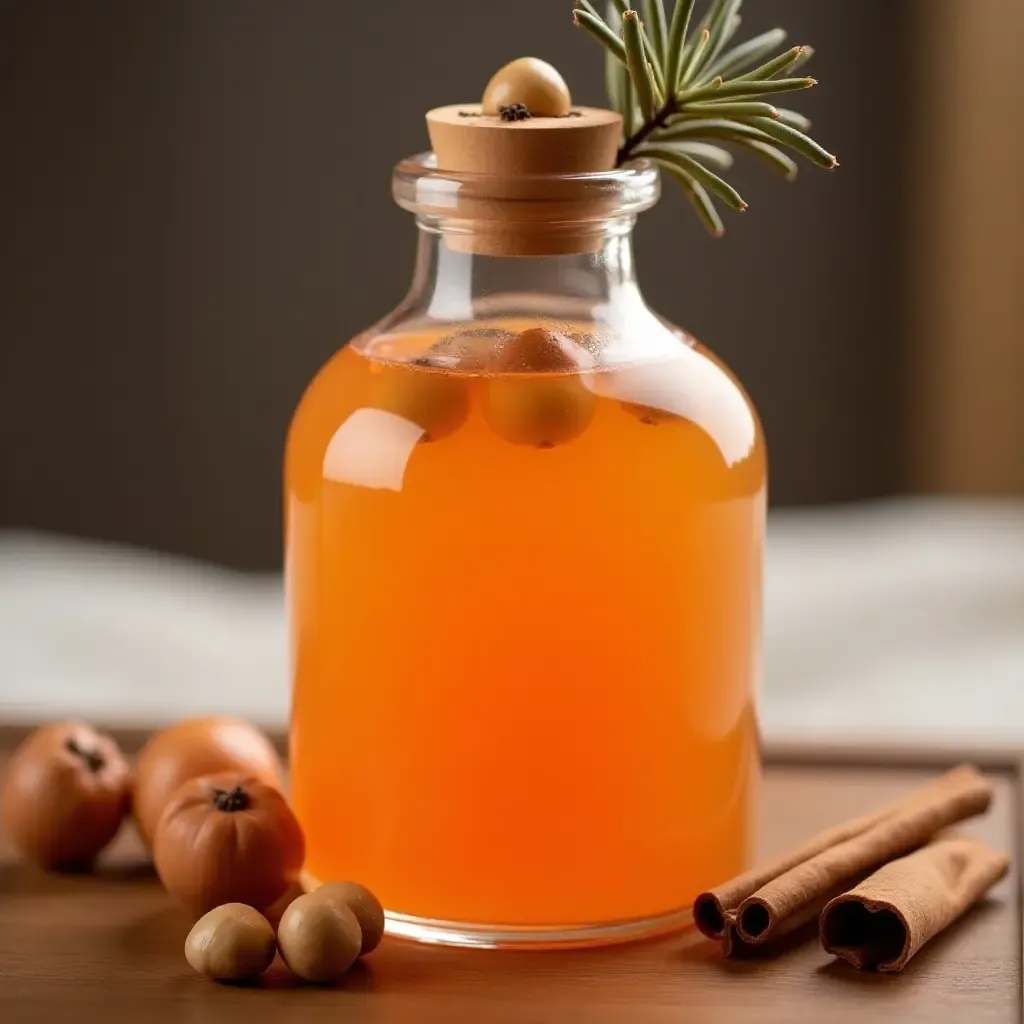 a photo of a bottle of sujeonggwa, a cinnamon and persimmon punch, garnished with pine nuts.