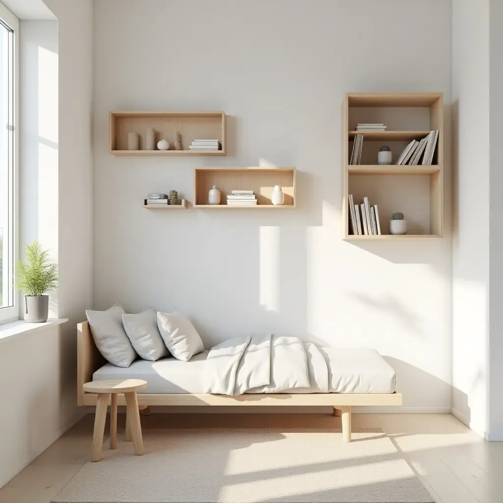 a photo of a stylish small kids&#x27; bedroom with wall-mounted shelves