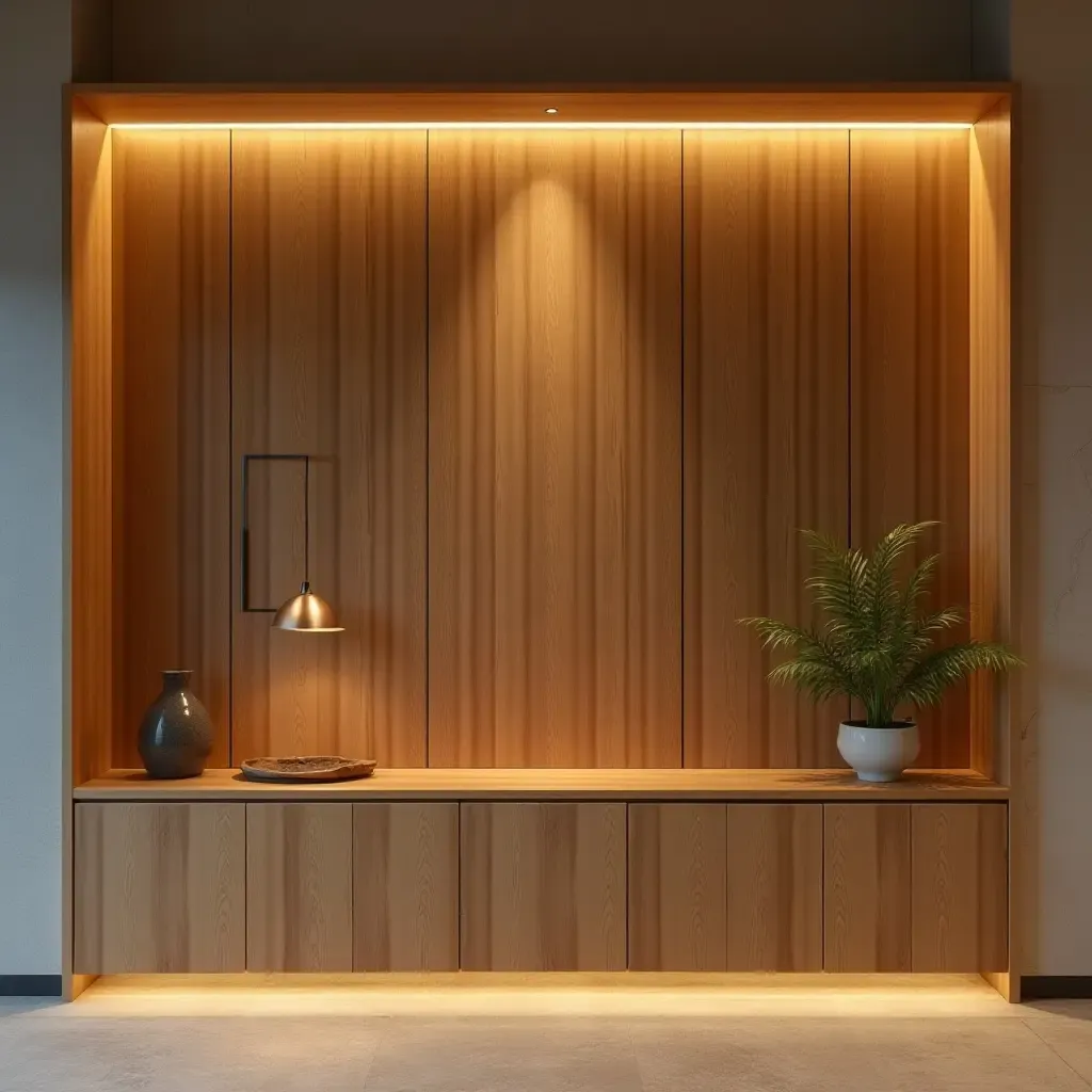 a photo of a wooden accent wall with built-in lighting