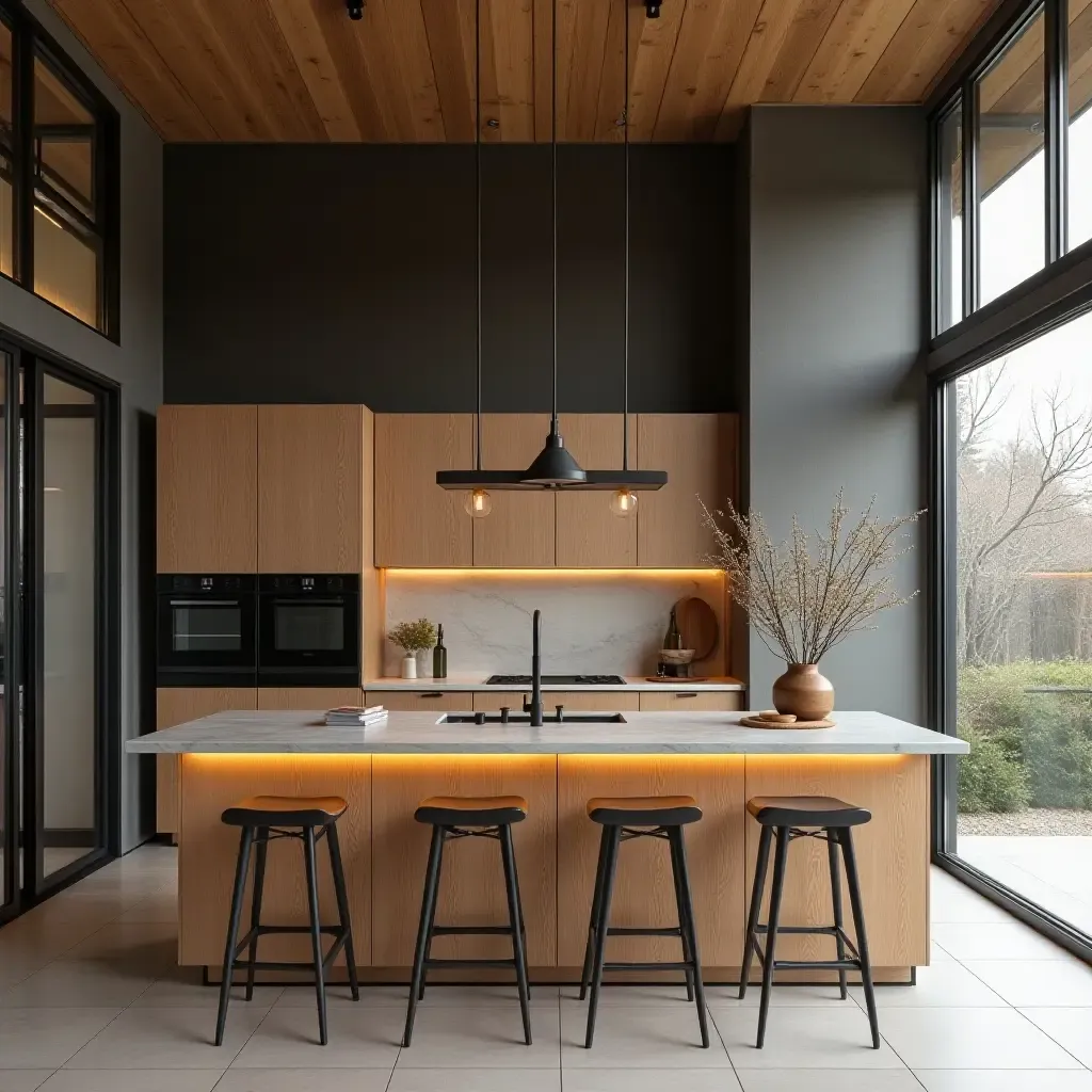 a photo of a kitchen featuring a mix of textures: wood, metal, and glass