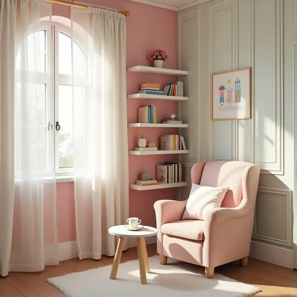 a photo of a whimsical reading corner with pastel colors and lace curtains