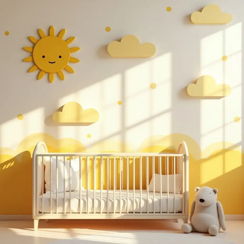 a photo of a nursery adorned with cheerful sun motifs and bright colors