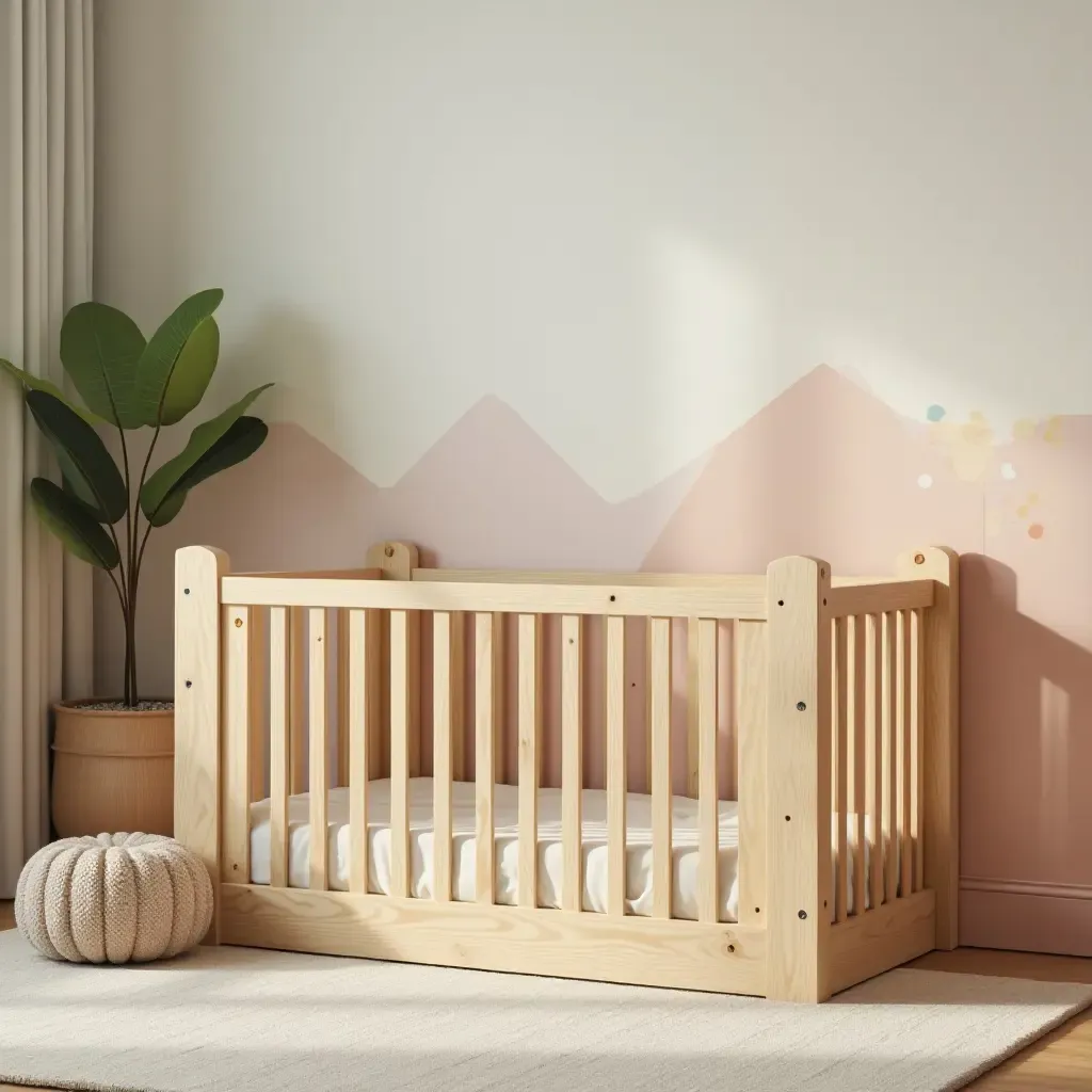 a photo of a wooden playpen in a colorful nursery