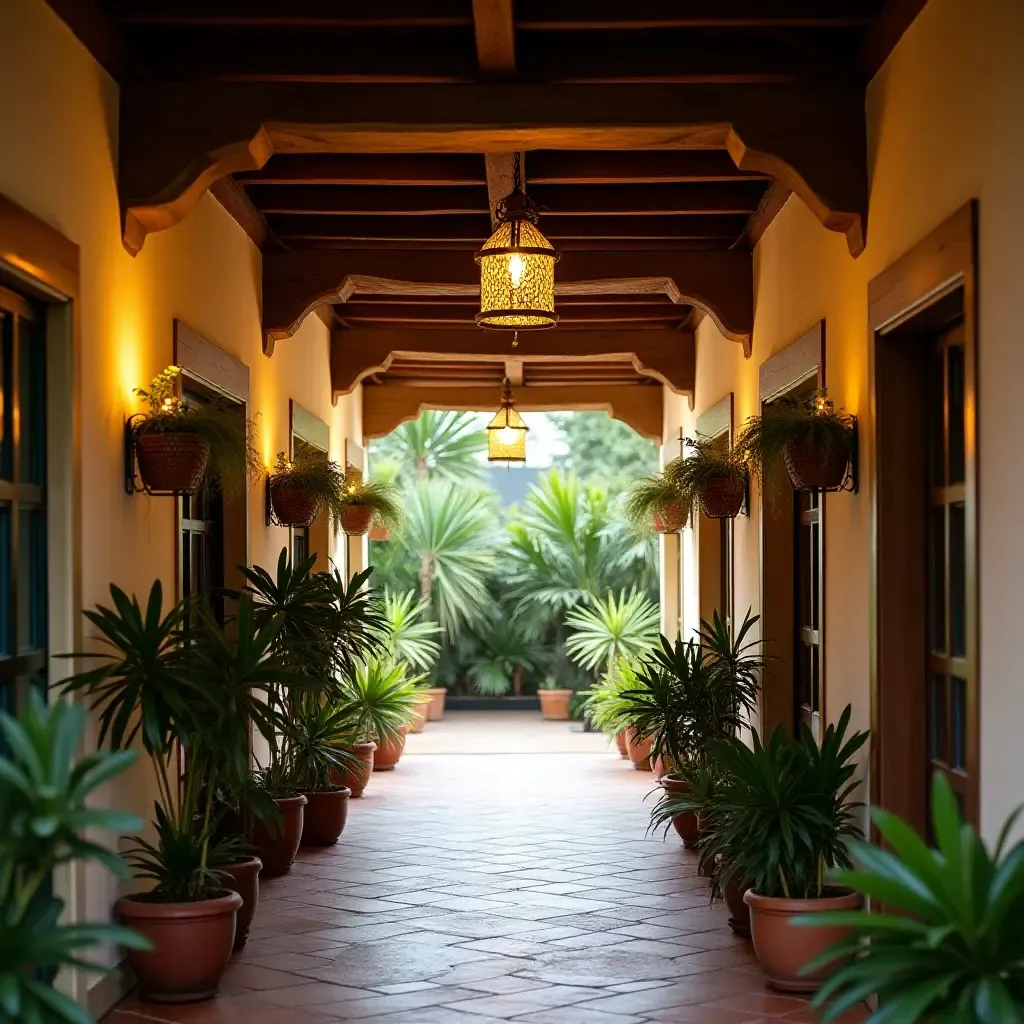 a photo of a cozy corridor adorned with hanging plants and rustic wooden beams