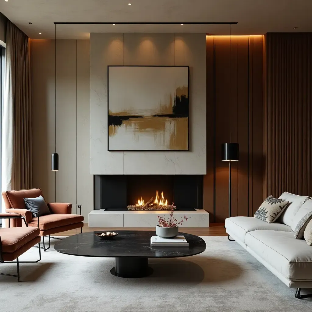 a photo of a luxury living room with a striking fireplace and statement art pieces