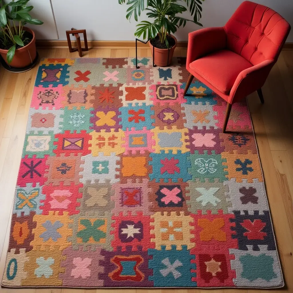 a photo of a colorful patchwork rug for eclectic style