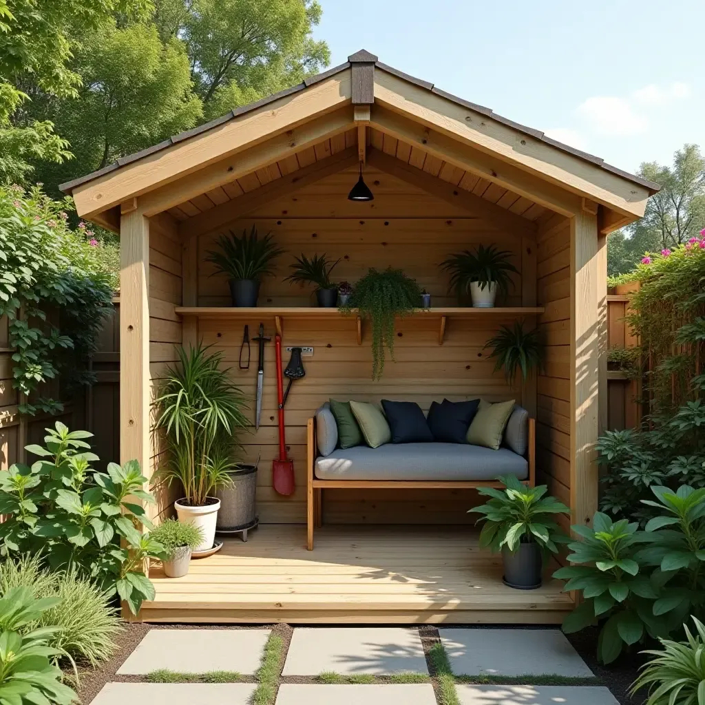 a photo of a stylish garden shed with open shelves for tools and plants