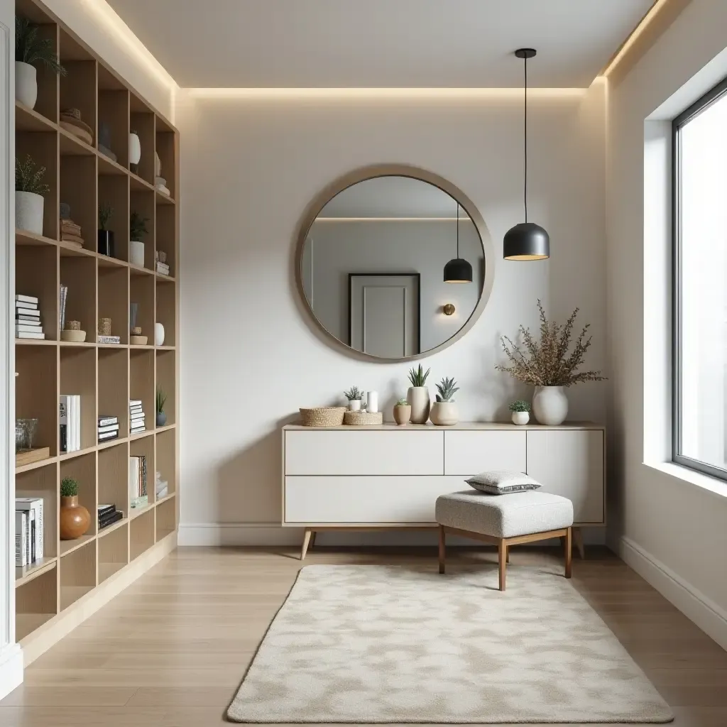 a photo of a trendy entrance hall with geometric shelving and modern accents