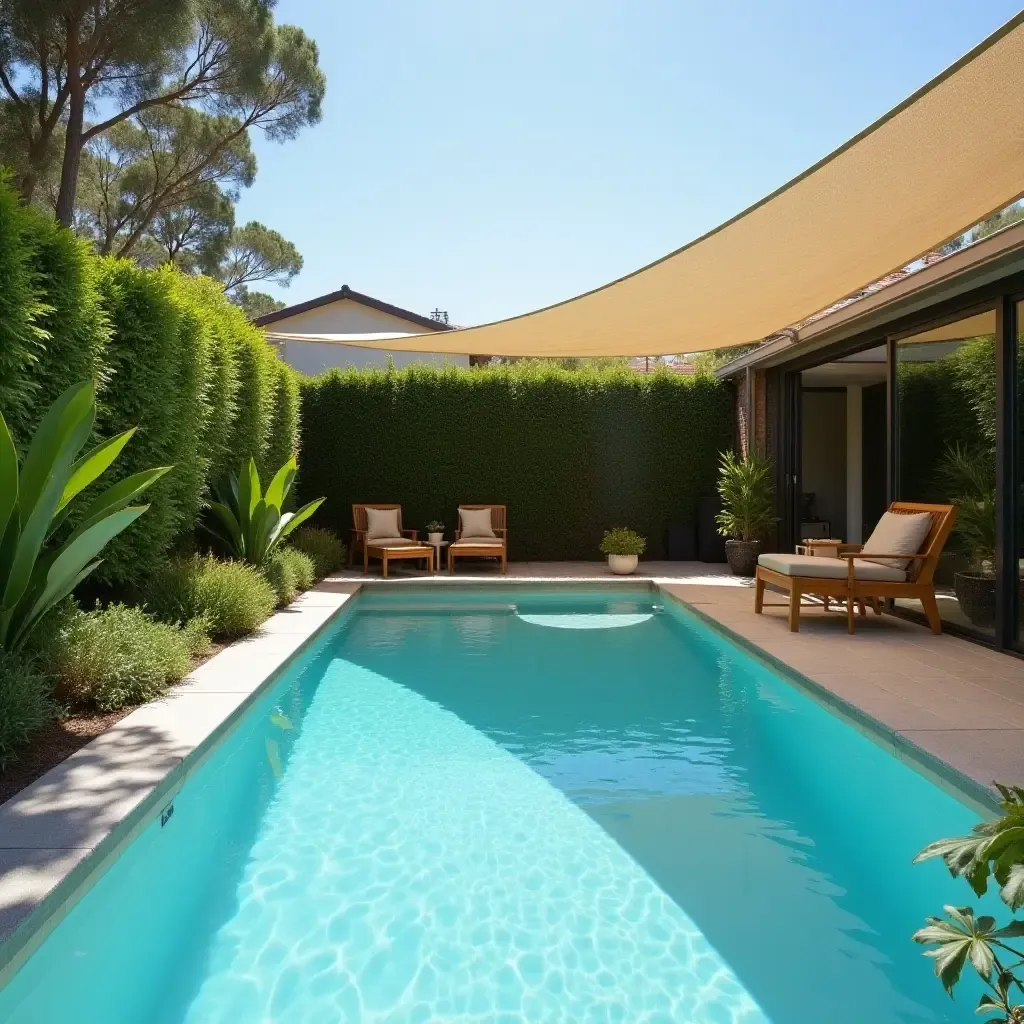 a photo of a small pool with a sunshade optimizing space usage