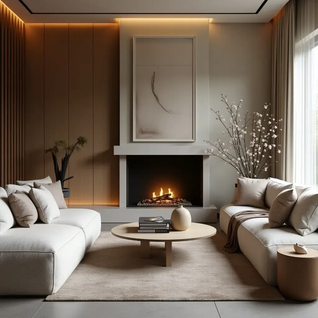 a photo of a living room featuring a fireplace and plush cushions