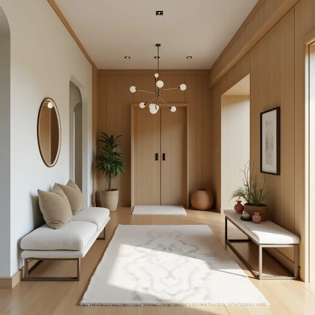 a photo of a warm entrance hall with wood accents and neutral furnishings