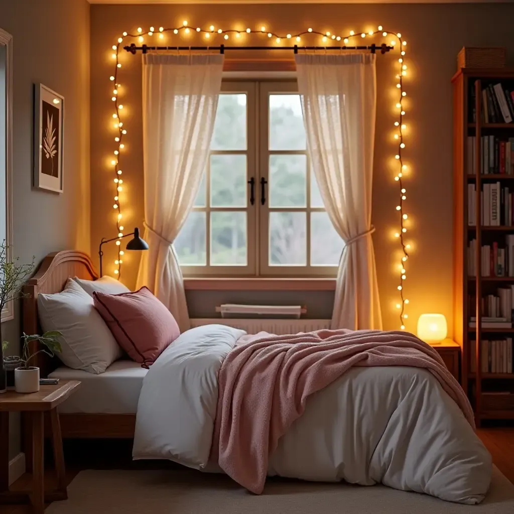 a photo of a cozy teen bedroom featuring a reading nook and fairy lights