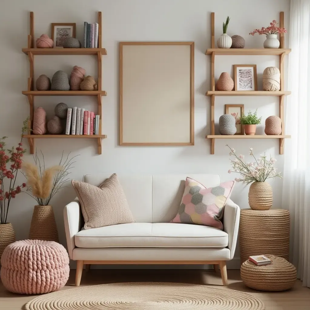 a photo of a craft corner with yarn, books, and floral decor