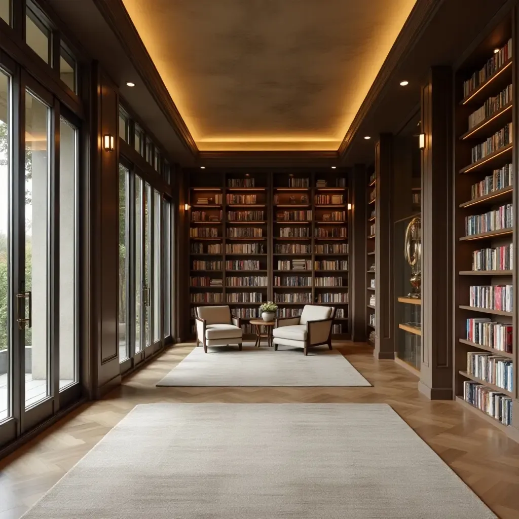 a photo of a spacious library with mirrored sliding doors