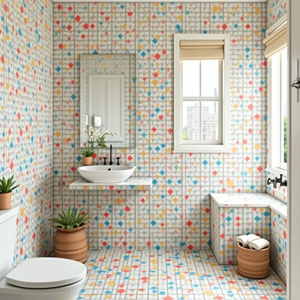 a photo of a playful bathroom with whimsical tile designs and colorful accents