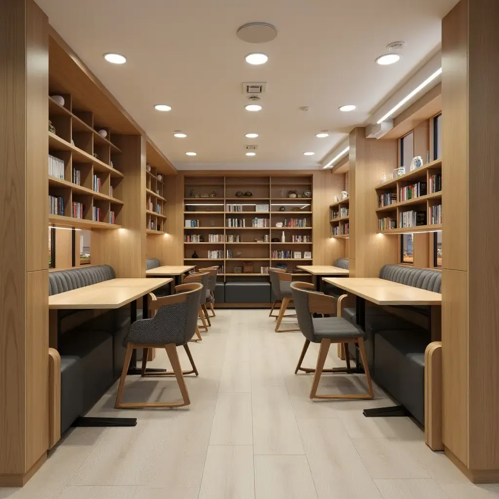 a photo of a compact library layout featuring foldable desks and seating