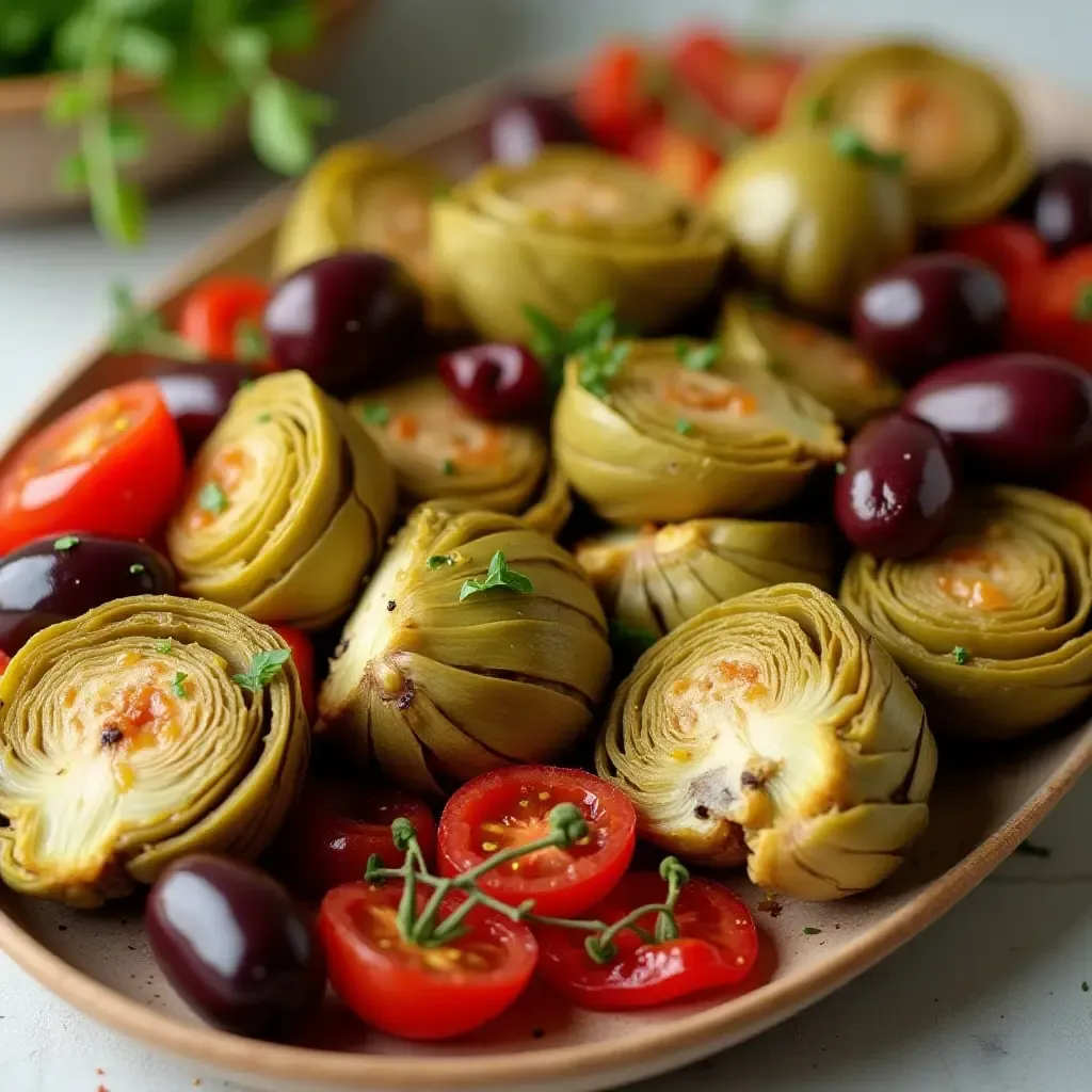 a photo of a colorful antipasto featuring marinated artichokes, olives, and sun-dried tomatoes.