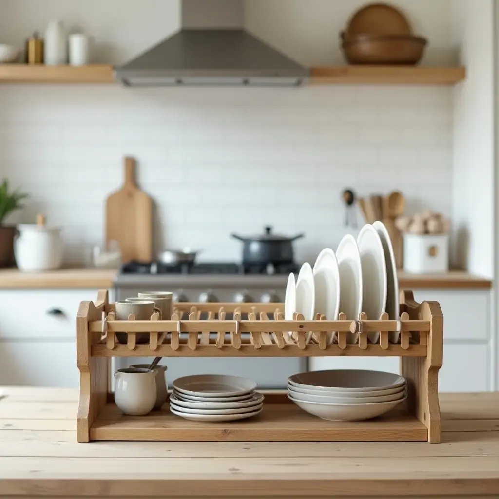 a photo of a vintage dish rack in a stylish kitchen