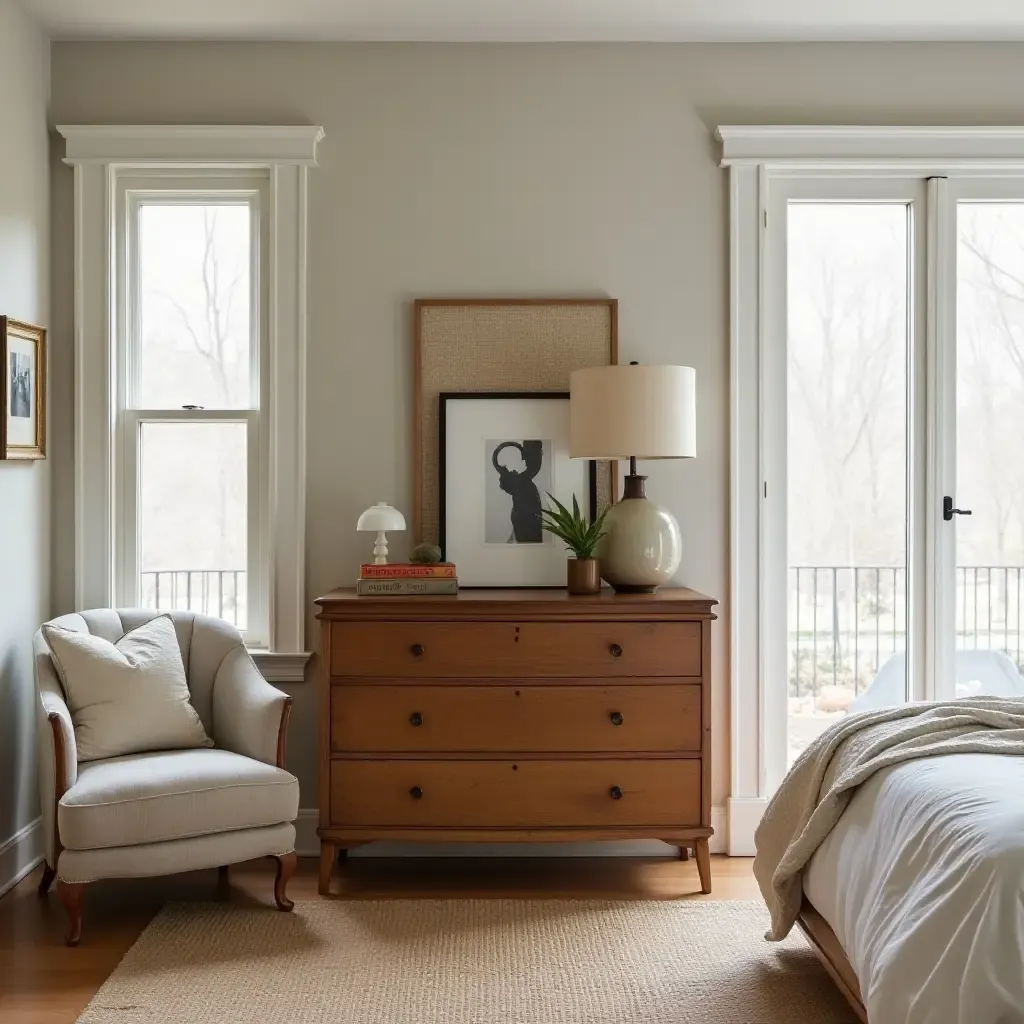 a photo of a farmhouse bedroom featuring a vintage dresser and modern art pieces