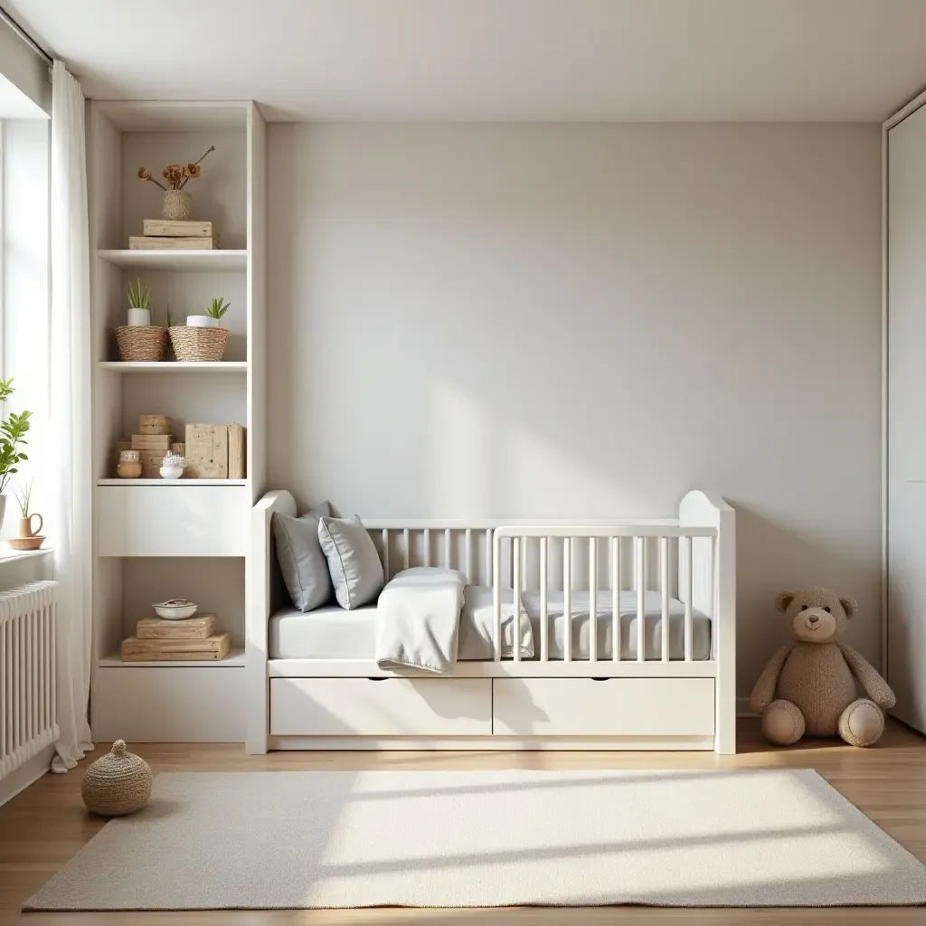 a photo of a sleek kids&#x27; bedroom with a modern crib and organized toy storage