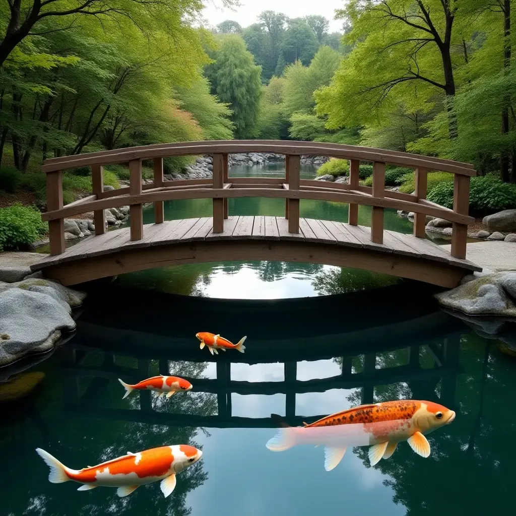 a photo of a wooden bridge over a pool with koi fish