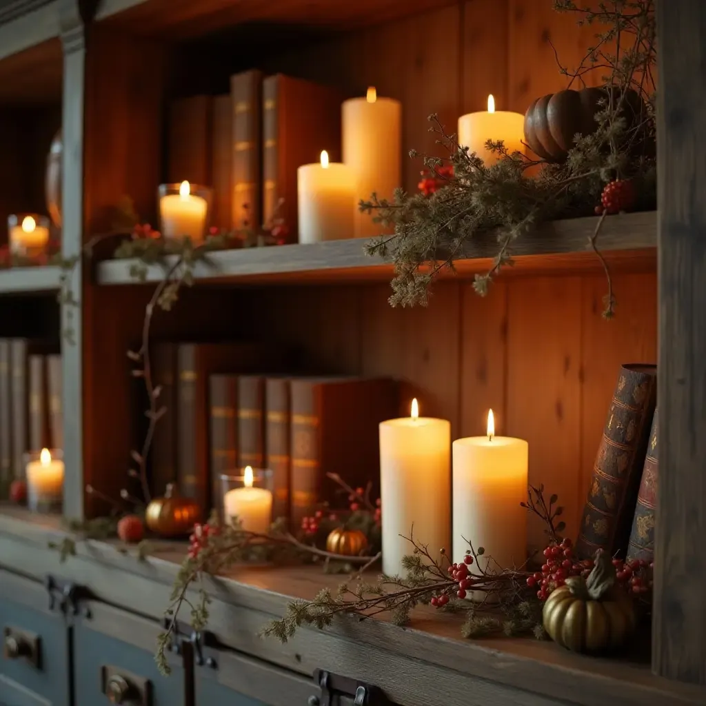 a photo of a bookshelf styled with candles and seasonal decor