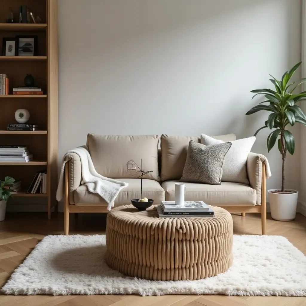 a photo of a cozy corner with a plush rug and designer coffee table books